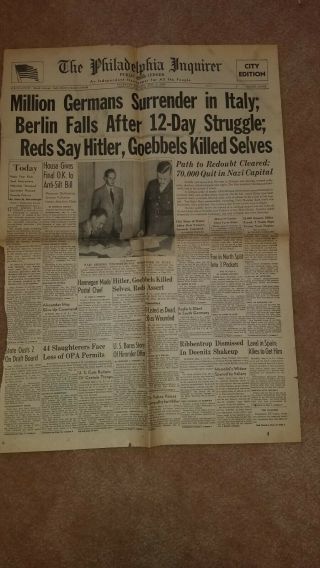 Vintage Newspaper The Philadelphia Inquirer May 3 1945 Million Germans Surrender