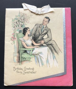 Art Deco Birthday Greetings Vintage Card To My Sweetheart Couple Garden Chair