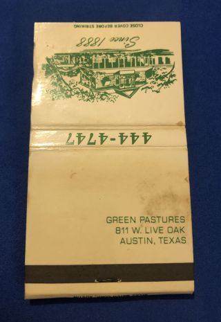 Green Pastures Restaurant 811 W Live Oak Austin Texas Matchbook Unstruck Matches 3