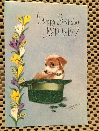1959 Vintage Majorie Cooper Rust Craft Puppy In Flocked Green Hat Birthday Card