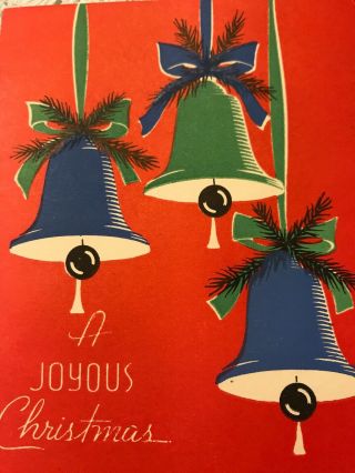 Vintage Christmas Card Bells Red Blue Green Art Deco