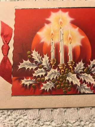 Vintage Christmas Card Taper Candles Flame Halo Red Ribbon White Gold