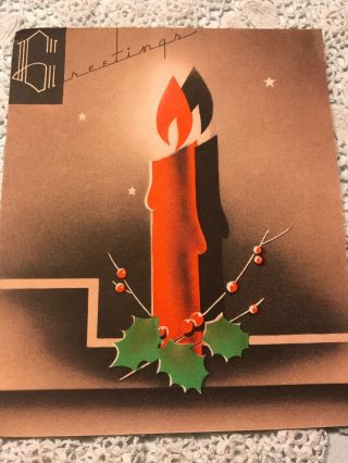 Vintage Christmas Card Taper Candles Flame Halo Art Deco Brown Sepia Backdrop