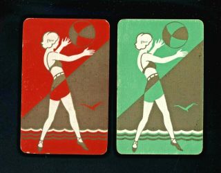 2 Listed Art Deco Swap Playing Cards Bathing Beauties On Beach Playing With Ball