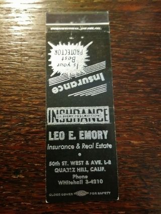 Vintage Matchcover: Leo E Emory Insurance & Real Estate,  Quartz Hill,  Ca N