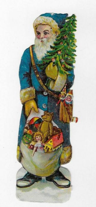 Victorian Blue Robe Hood Santa Claus,  Toy Bag,  Christmas Tree,  Antique Scrap,  5 "