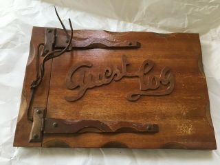 Vintage Guest Log,  Hinged Cedar Wood Front & Back,  Brass Brads,  Leather Binding
