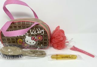 Nwt Rare Hello Kitty Bath Set Bag Toothbrush Hair Clip Hairbrush Mirror Loofah