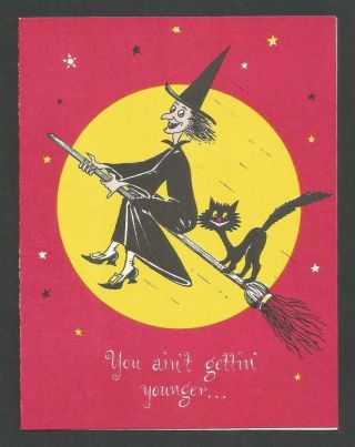 G05 - Witch & Cat On Broomstick - Vintage Folding Novelty Birthday Card -