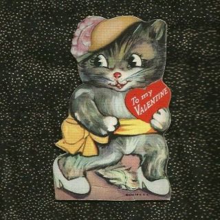 Vintage Die Cut Valentine Anthropomorphic Cat With Fancy Hat Sash & Heels