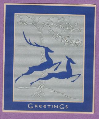 Vtg Art Deco Christmas Card Two Blue Deer Running Long Antler Silver Tree Shiny