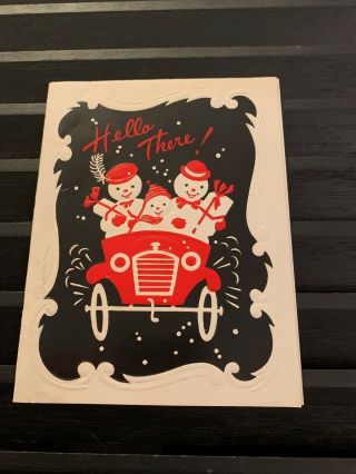 Vintage Greeting Card Christmas Snowman Red Car Black