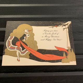 Vintage Greeting Card Art Deco Christmas Woman Heels Scarf