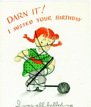 Vintage Norcross Susie Q Greeting Card Red Haired Susie Yarn Ball 3331