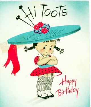 Vintage Norcross Susie Q Greeting Card Hi Toots Large Blue Hat 3330