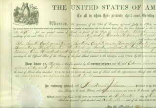 Oct15 1866 Signed President Andrew Johnson Rhode Island Land To Brown University