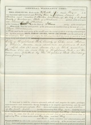 1873 Land/deed Deal Daniel Streeter St Joseph Mo & Samuel Streeter Lake Cty Il