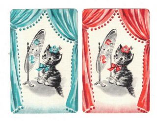 Swap Cards / Playing Cards Set Of 2 Vintage Pair - Cute Kitten Looking In Mirror