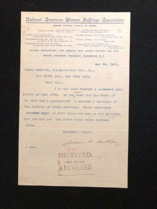 1903 Letter Signed Susan B.  Anthony To Ny Publisher On Suffrage Assn Letterhead