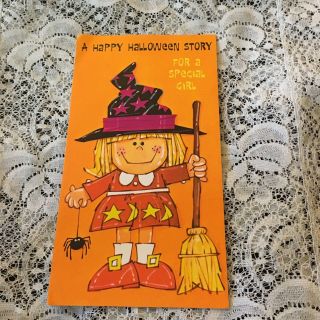 Vintage Greeting Card Halloween Cute Witch Girl Spider