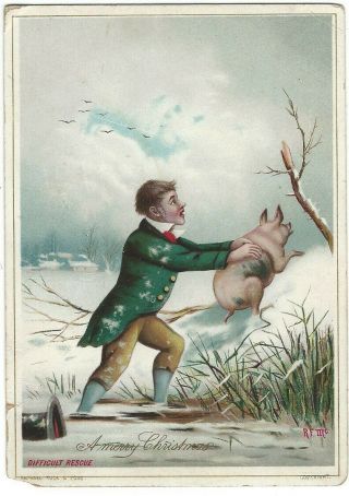 Victorian Christmas Card By Raphael Tuck " Difficult Rescue " Series 2288 - 1880 