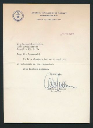 Allen Dulles - C.  I.  A.  Director - Autographed Letter 1960