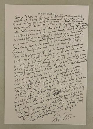William Shatner Signed Handwritten Note Star Trek Reflections Captain Kirk W Loa