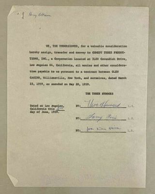 The Three 3 Stooges 3x Signed 1959 Document W/ Moe Curly Joe & Larry Fine