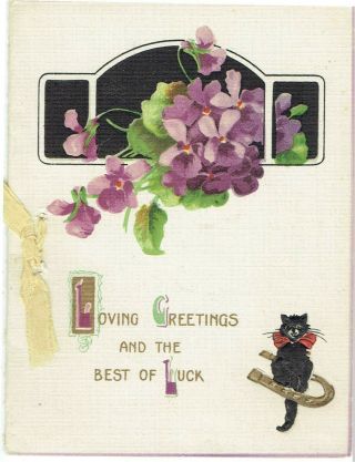 Vintage Christmas Greetings Card Cat Sat On Horseshoe & Violet Flowers Valentine