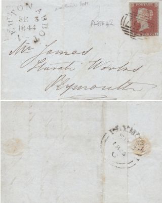 1844 Qv Cover With A 1d Penny Red Stamp Plate 42 Earliest Date To Plymouth