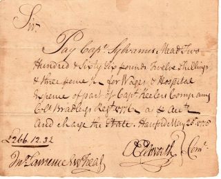 1776,  Oliver Ellsworth,  Signed Pay Order,  Capt. ,  Sylvanus Mead,  Hospital Expense