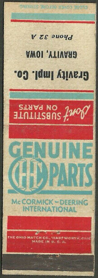 International Harvester Gravity Implement Co.  Vintage Matchbook Cover Ia Iowa