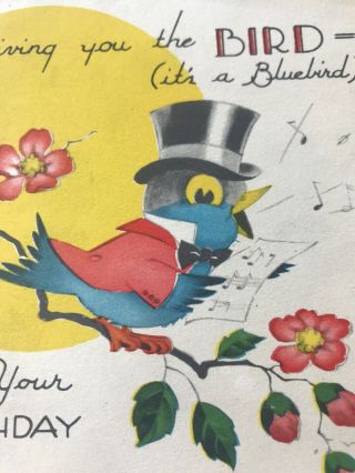 Vintage Birthday Card Art Deco Black Blue Bird Songbird Tuxedo Top Hat Bapco