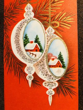 Vintage 60s Christmas Card Sweet Ornaments With Snowy Home Scene Inside Red Gold