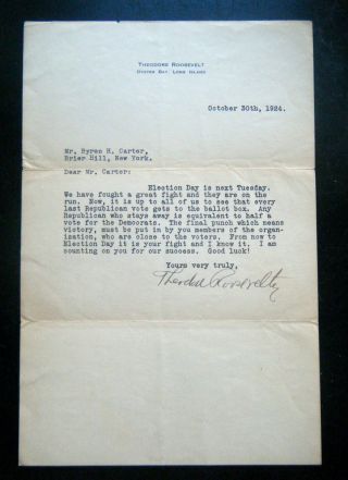 1924 Theodore Roosevelt Jr.  Signed Letter On Oyster Bay Long Island Stationery