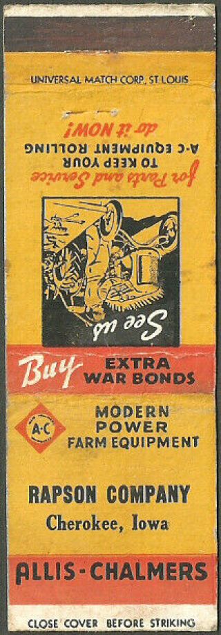 Wwii Era Allis - Chalmers Dealer Matchbook Cover From Cherokee,  Ia Iowa Implements