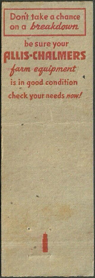 WWII era ALLIS - CHALMERS DEALER matchbook cover from CHEROKEE,  IA iowa IMPLEMENTS 3