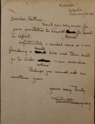 Letter Manuscript Signed By Ernest Hemingway