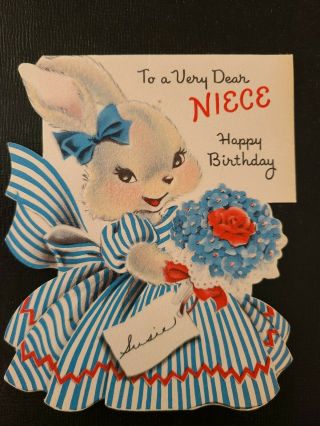 Vtg Norcross Birthday Greeting Card Diecut Flocked Anthropomorphic Bunny Rabbit