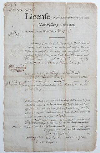 1808 License For Fishing,  Newport,  Ri,  Signed By William Ellery Jr,  Perry,  Case
