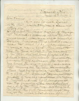 1891 Letter From Edmund Kinsey Norwalk Ohio