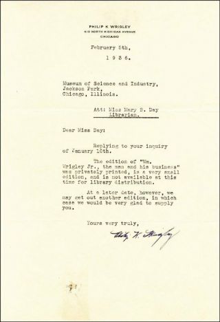 Philip K.  Wrigley - Typed Letter Signed 02/05/1936