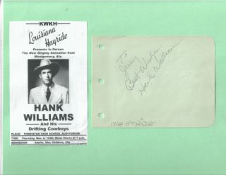 Hank Williams In Person Hand Signed Album Page 1948 Inscribed With Image.