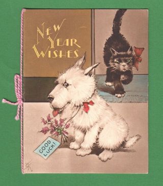 Vintage Year Card,  Kitten Cat And Puppy Dog Westie Terrier Cord Tie At Side,