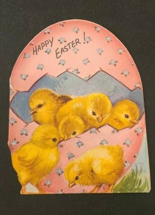 Vtg Rust Craft Easter Greeting Card Diecut Chicks Pink Cracked Calico Egg /as Is