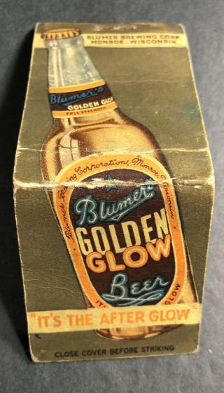 Blumers Golden Glow Beer Matchbook Cover Monroe Wisconsin Full Length Bottle