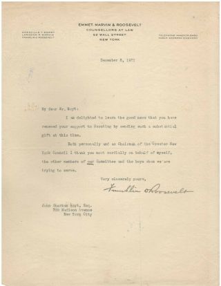 Early Typewritten Letter Signed By Franklin D.  Roosevelt In 1921 With