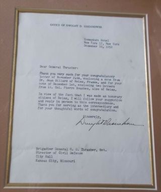 Just Elelected Dwight Eisenhower Signed Letter To General C.  O.  Thrasher 1952