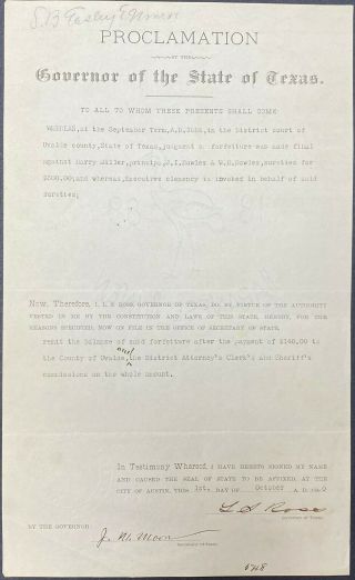 1890 Typed Texas Proclamation Signed By Cs General Lawrence S.  Ross