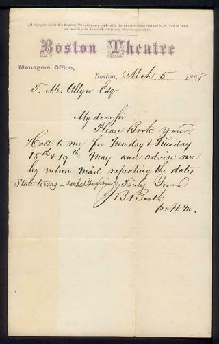 1868 Junius Brutus Booth Jr Autograph Letter Signed Brother Of John Wilkes Booth